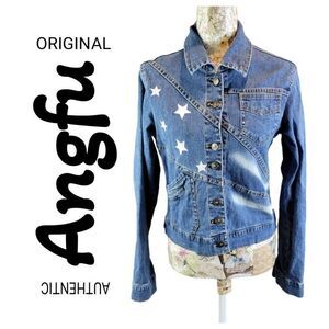 Angfu Blue Embroidered Star Denim Jean Jacket